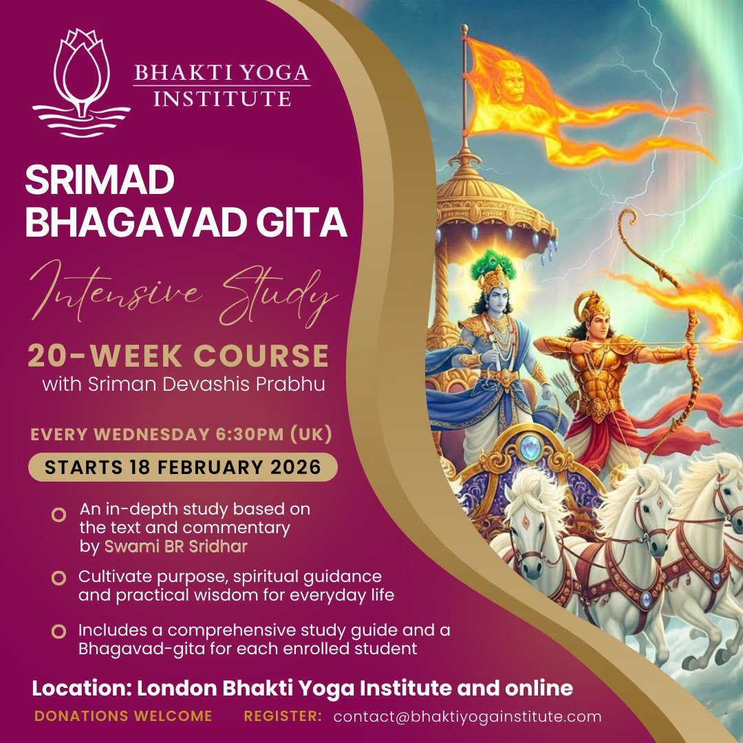 Krishna leads Arjuna on a chariot of gold adorned with blue gems, driven by beautiful white horses. Krishna wears a white doti and a blue sash, and has a plume of peacock feathers on his radiant crown. The chariot's flag is like a flame and bears the image of Hanuman. Arjuna, who wears a red sash, is aiming his fire arrow, ready to shoot. The sky is stormy with an aurora visible.